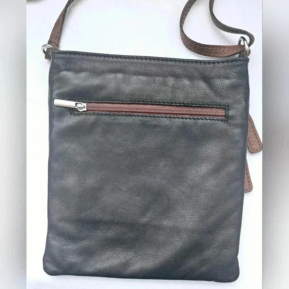 Florence 100% Black & Brown Leather Crossbody Adjustable Strap  Zipper purse - Picture 9 of 9